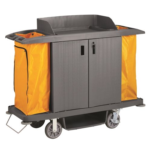 Large Plastic Housekeeping Cart with Doors, Gray